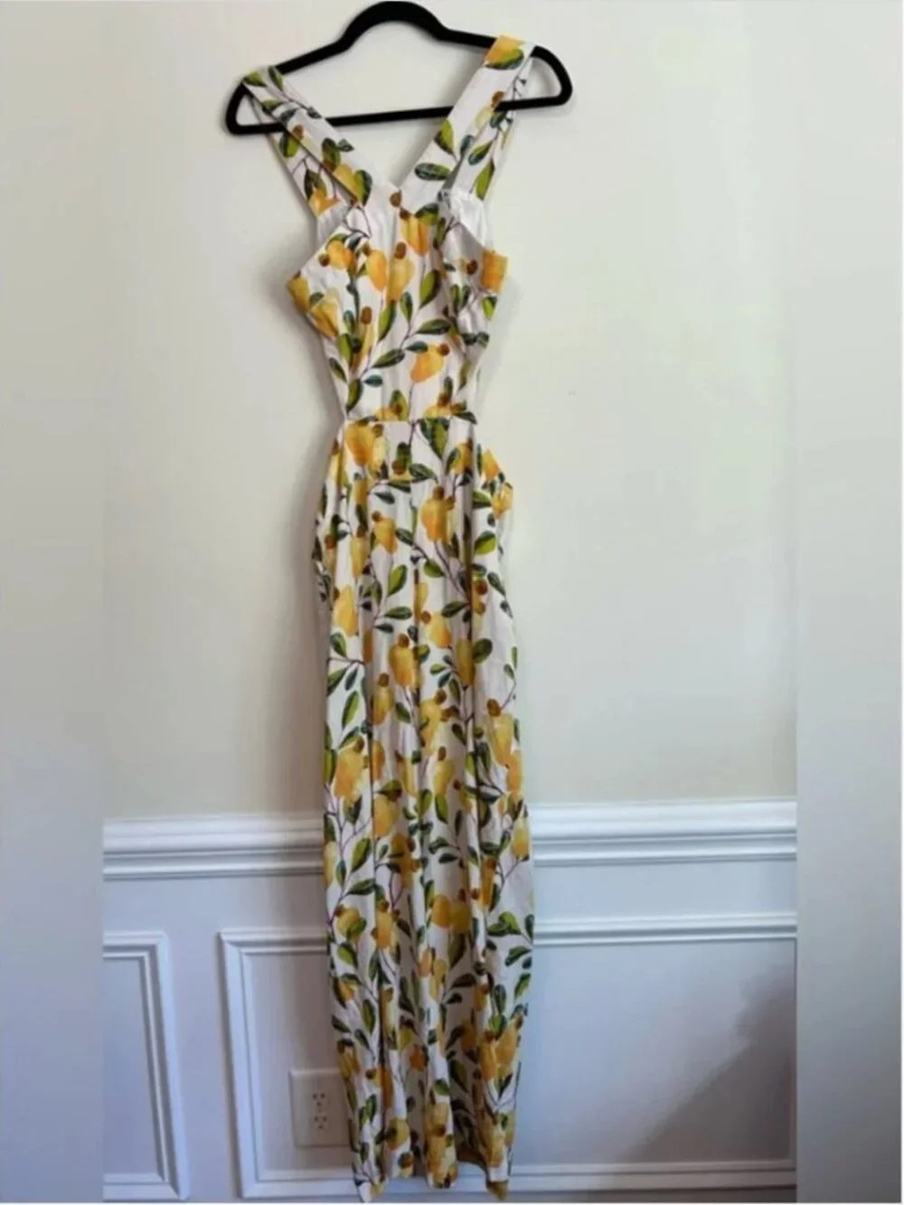 Farm Rio Halter Cutout Linen Blend Wide-Leg Pear Graphic Jumpsuit size L